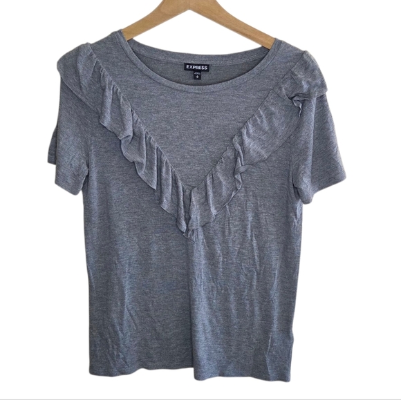Express | Gray Short Sleeve Modal Blend Ruffle Tee Size Small - Picture 1 of 5